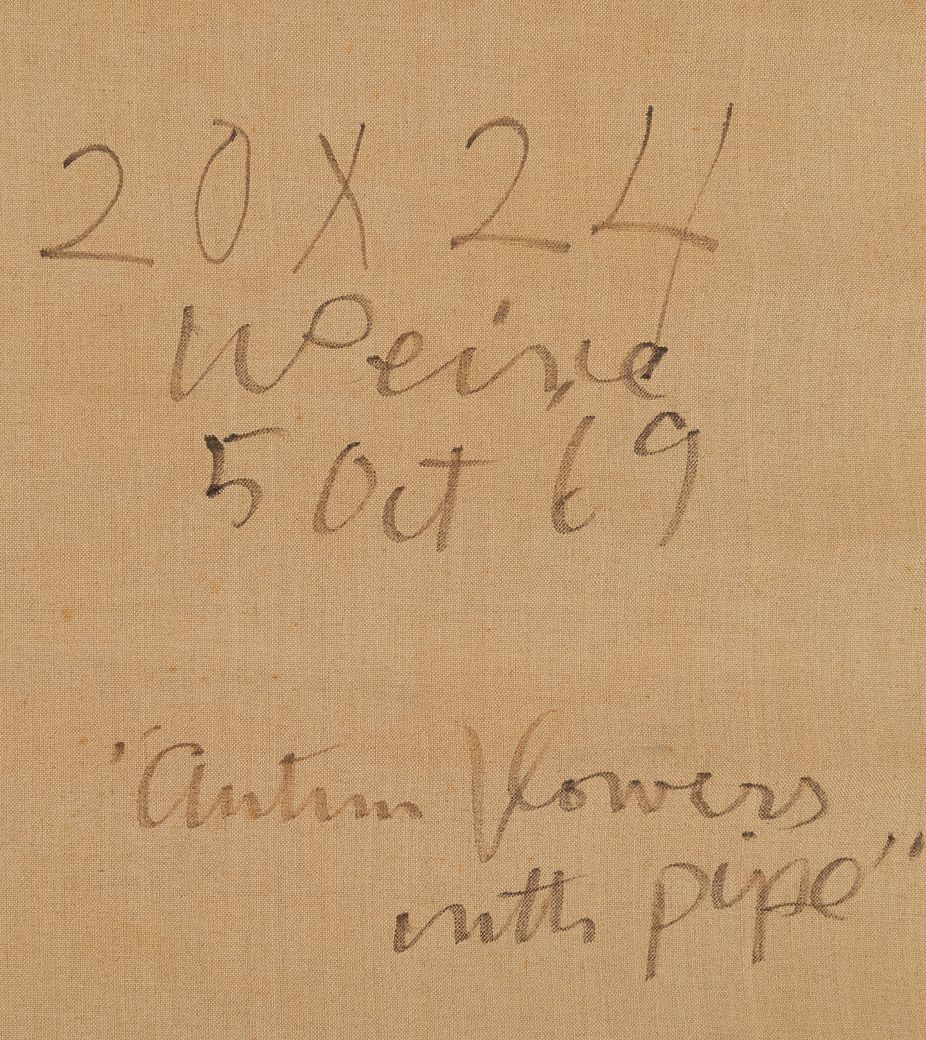 Close-up of handwritten pencil inscriptions on the tan canvas reverse, including “20 X 24,” “5 Oct 69,” and a two-line title, “Autumn Flowers with Pipe.” An additional cursive name appears between the dimensions and date.