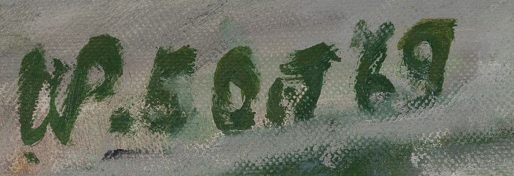 Close-up of a bold dark-green painted signature across a textured pale grey surface, with a broad grey-green brushstroke running beneath it.